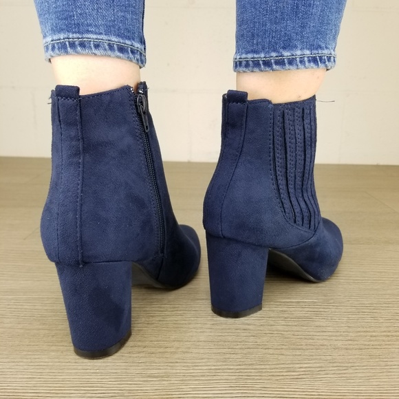 Vegan Suede Navy Bock Heel Ankle Bootie - Picture 3 of 7